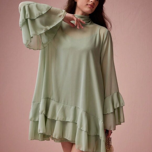 Mint Green Elegant Women's Ruffle Sleeve A-Line Dress - Picture 3 of 7